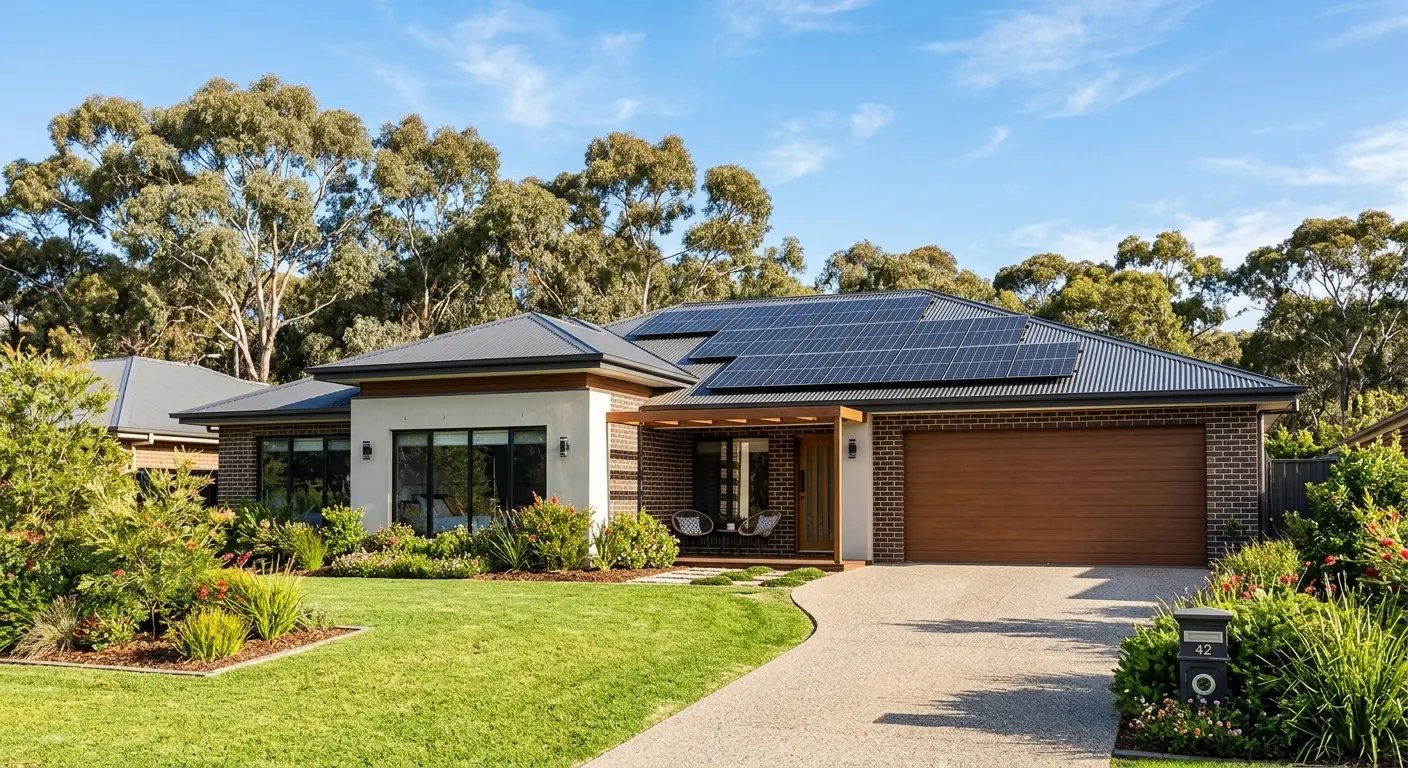 Modern Australian home with solar panels installed on roof